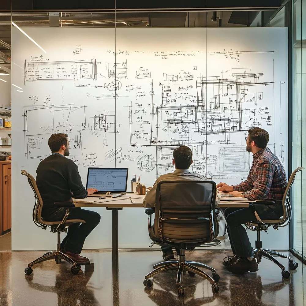 Team in front of a sketch-covered whiteboard