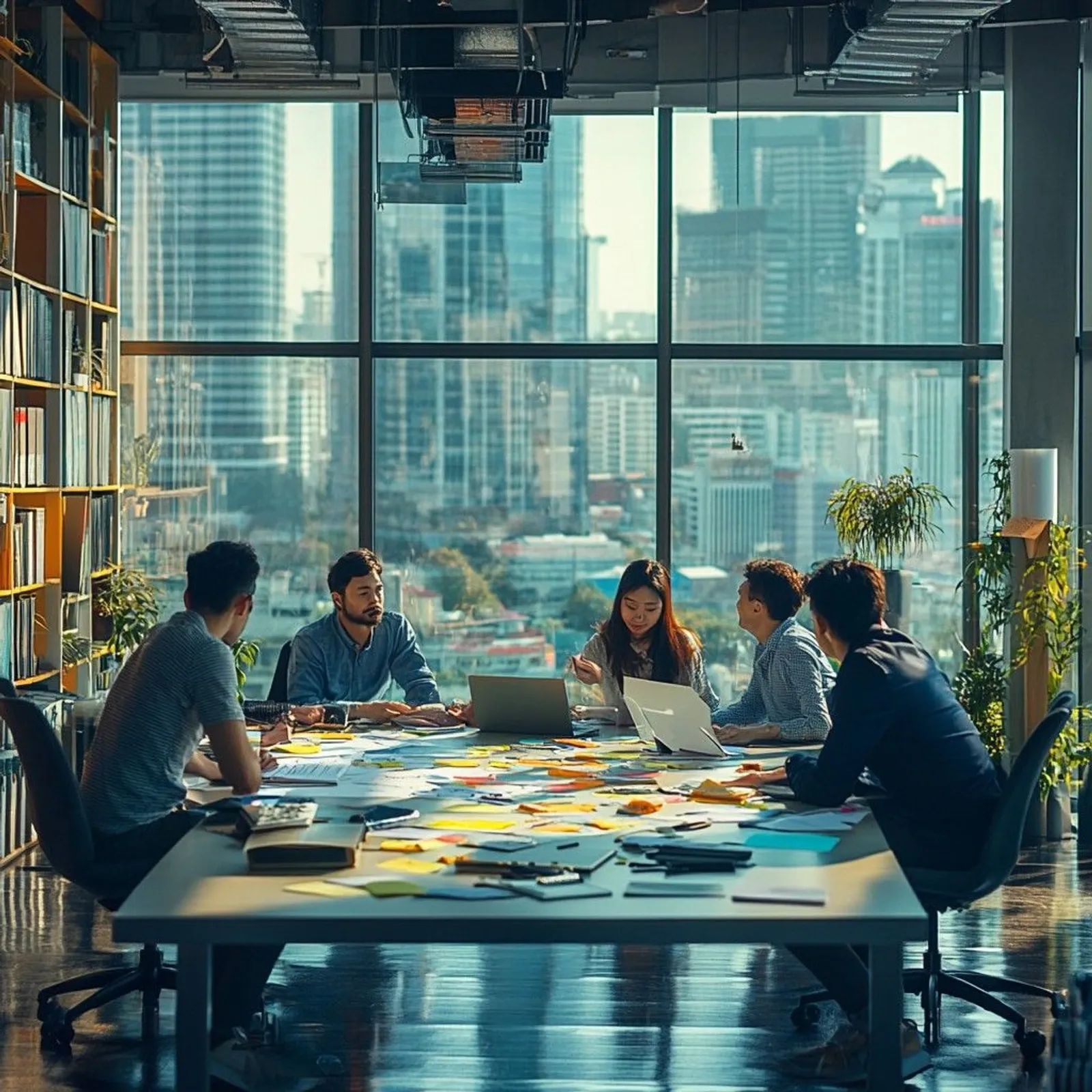 Team working at a large table with a city view